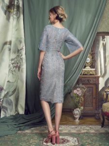 Style #464, Lace cocktail dress with bell sleeves, available in grey-blue