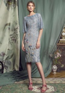 Style #464, Lace cocktail dress with bell sleeves, available in grey-blue