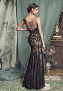 Style #467, Mermaid evening gown with feathers, available in black