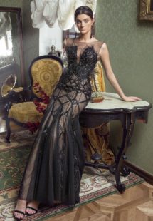 Style #467, Mermaid evening gown with feathers, available in black