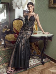 Style #467, Mermaid evening gown with feathers, available in black