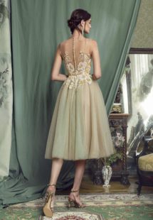 Style #472, Ball gown evening dress with sequinned embroidered top, available in beige, beige-green