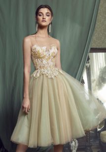 Style #472, Ball gown evening dress with sequinned embroidered top, available in beige, beige-green