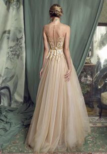 Style #472, Ball gown evening dress with sequinned embroidered top, available in beige, beige-green