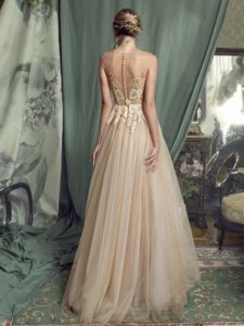 Style #472, Ball gown evening dress with sequinned embroidered top, available in beige, beige-green