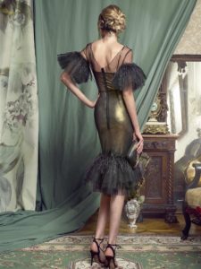 Style #473, Form-fitting cocktail gown with ruffled tulle, available in black-gold