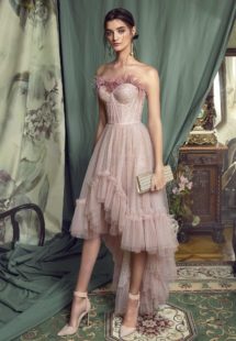 Style #474, High-low cocktail gown with feathered bustier bodice, available in black, pink-ivory, ivory, cherry