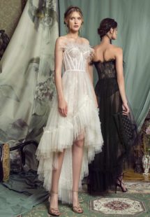 Style #474, High-low cocktail gown with feathered bustier bodice, available in black, pink-ivory, ivory, cherry