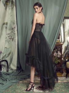 Style #474, High-low cocktail gown with feathered bustier bodice, available in black, pink-ivory, ivory, cherry