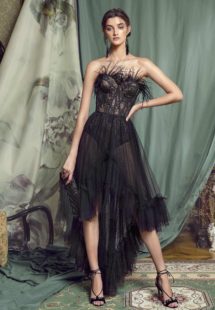 Style #474, High-low cocktail gown with feathered bustier bodice, available in black, pink-ivory, ivory, cherry