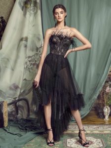 Style #474, High-low cocktail gown with feathered bustier bodice, available in black, pink-ivory, ivory, cherry
