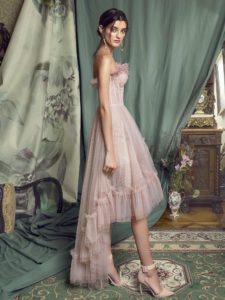 Style #474, High-low cocktail gown with feathered bustier bodice, available in black, pink-ivory, ivory, cherry