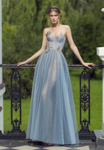 Style #475, Spaghetti strap evening gown with floral embroidery and tulle skirt, available in grey-blue