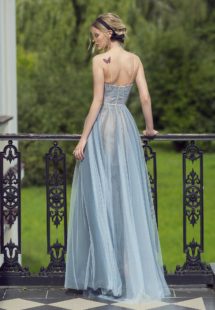 Style #475, Spaghetti strap evening gown with floral embroidery and tulle skirt, available in grey-blue