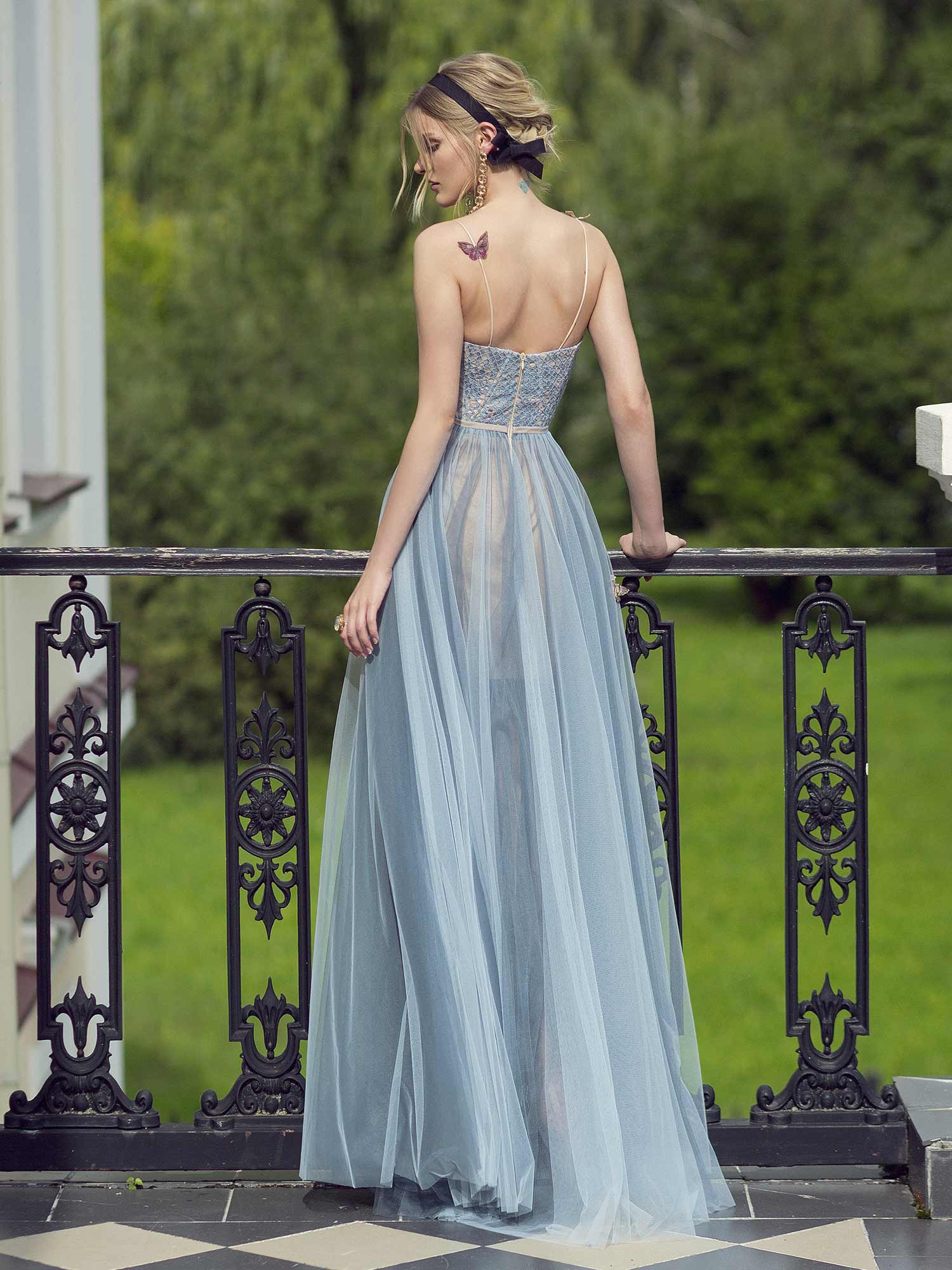 Style #475, Spaghetti strap evening gown with floral embroidery and tulle skirt, available in grey-blue