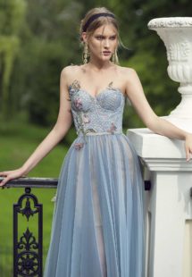 Style #475, Spaghetti strap evening gown with floral embroidery and tulle skirt, available in grey-blue