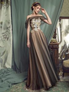 Style #477, A-line evening gown with off-the-shoulder sleeves, available in black, ivory