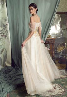 Style #477, A-line evening gown with off-the-shoulder sleeves, available in black, ivory