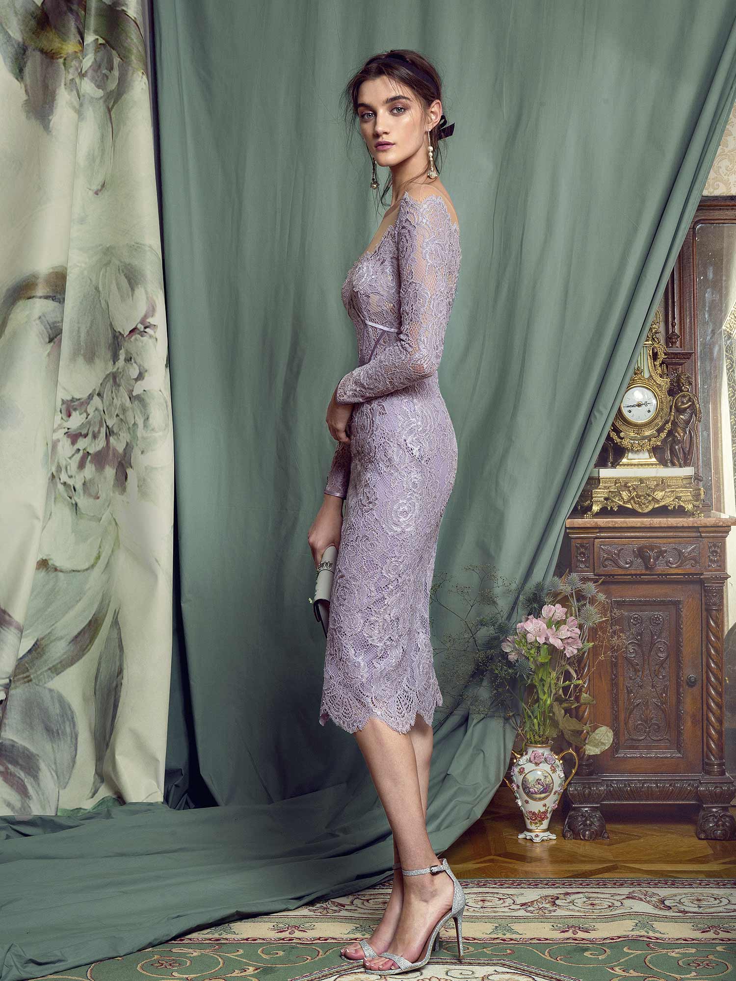 Style #479, Lace sheath dress with off-the-shoulder long sleeves, available in ivory, lilac