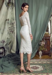 Style #479, Lace sheath dress with off-the-shoulder long sleeves, available in ivory, lilac