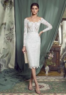 Style #479, Lace sheath dress with off-the-shoulder long sleeves, available in ivory, lilac