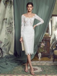 Style #479, Lace sheath dress with off-the-shoulder long sleeves, available in ivory, lilac