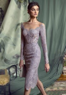 Style #479, Lace sheath dress with off-the-shoulder long sleeves, available in ivory, lilac