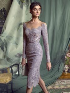 Style #479, Lace sheath dress with off-the-shoulder long sleeves, available in ivory, lilac
