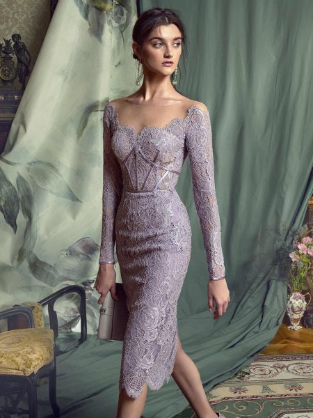 Style #479, Lace sheath dress with off-the-shoulder long sleeves, available in ivory, lilac