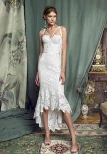 Style #480, High-low lace mermaid gown with a bustier bodice, available in ivory, lilac