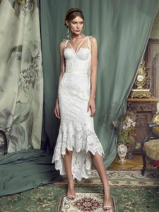 Style #480, High-low lace mermaid gown with a bustier bodice, available in ivory, lilac