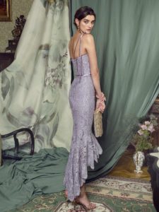 Style #480, High-low lace mermaid gown with a bustier bodice, available in ivory, lilac