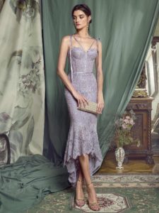 Style #480, High-low lace mermaid gown with a bustier bodice, available in ivory, lilac