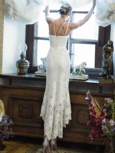 Style #480, High-low lace mermaid gown with a bustier bodice, available in ivory, lilac