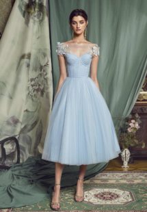 Style #481, A-line evening gown with floral cap sleeves and bustier bodice, available in black, pink-ivory, nude, ivory, grey-blue, lilac, cherry