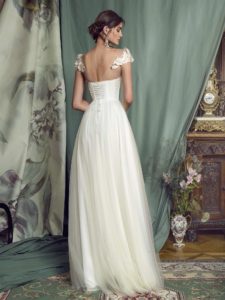 Style #481, A-line evening gown with floral cap sleeves and bustier bodice, available in black, pink-ivory, nude, ivory, grey-blue, lilac, cherry