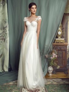 Style #481, A-line evening gown with floral cap sleeves and bustier bodice, available in black, pink-ivory, nude, ivory, grey-blue, lilac, cherry