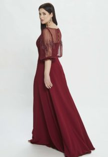 Style #M527, A-line evening dress with bishop sleeves and embroidery, available in burgundy, powder, black, ivory