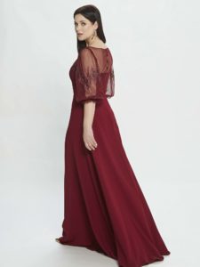 Style #M527, A-line evening dress with bishop sleeves and embroidery, available in burgundy, powder, black, ivory