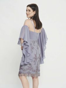 Style #M503, sheath dress with bell sleeves and embellished skirt, available in smoky, lilac