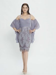 Style #M503, sheath dress with bell sleeves and embellished skirt, available in smoky, lilac