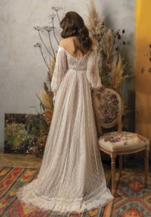 Style #2022L, A-line wedding dress with bishop sleeves, and off the shoulder neckline, available in ivory