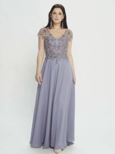 Style #M502, A-line evening gown with plunging neckline and embellishments, available in smoky