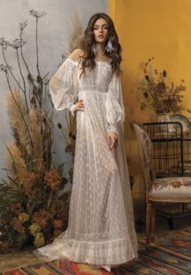 Style #2022L, A-line wedding dress with bishop sleeves, and off the shoulder neckline, available in ivory