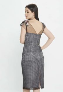 Style #M513, cocktail dress with florals cap sleeves, available in black-grey