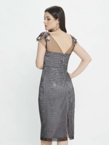 Style #M513, cocktail dress with florals cap sleeves, available in black-grey