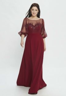 Style #M527, A-line evening dress with bishop sleeves and embroidery, available in burgundy, powder, black, ivory