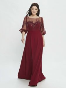 Style #M527, A-line evening dress with bishop sleeves and embroidery, available in burgundy, powder, black, ivory