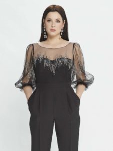 Style #M509-8, jumpsuit with bishop sleeves and pleated pants, available in burgundy, powder, black, ivory
