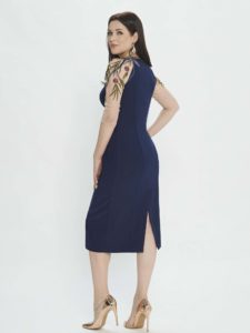 Style #M538, sheath dress with high neckline and embroidered sleeves, available in blue, red, pink, ivory, available in blue, red, pink, ivory